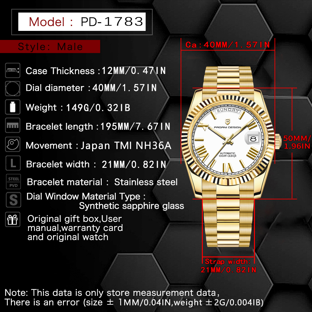 PAGANI DESIGN PD-1783 Men's Automatic Watches 40mm NH36A Rose Gold Mechanical Stainless Steel Luxury Wrist Watch for Men 100M Waterproof AR Coating