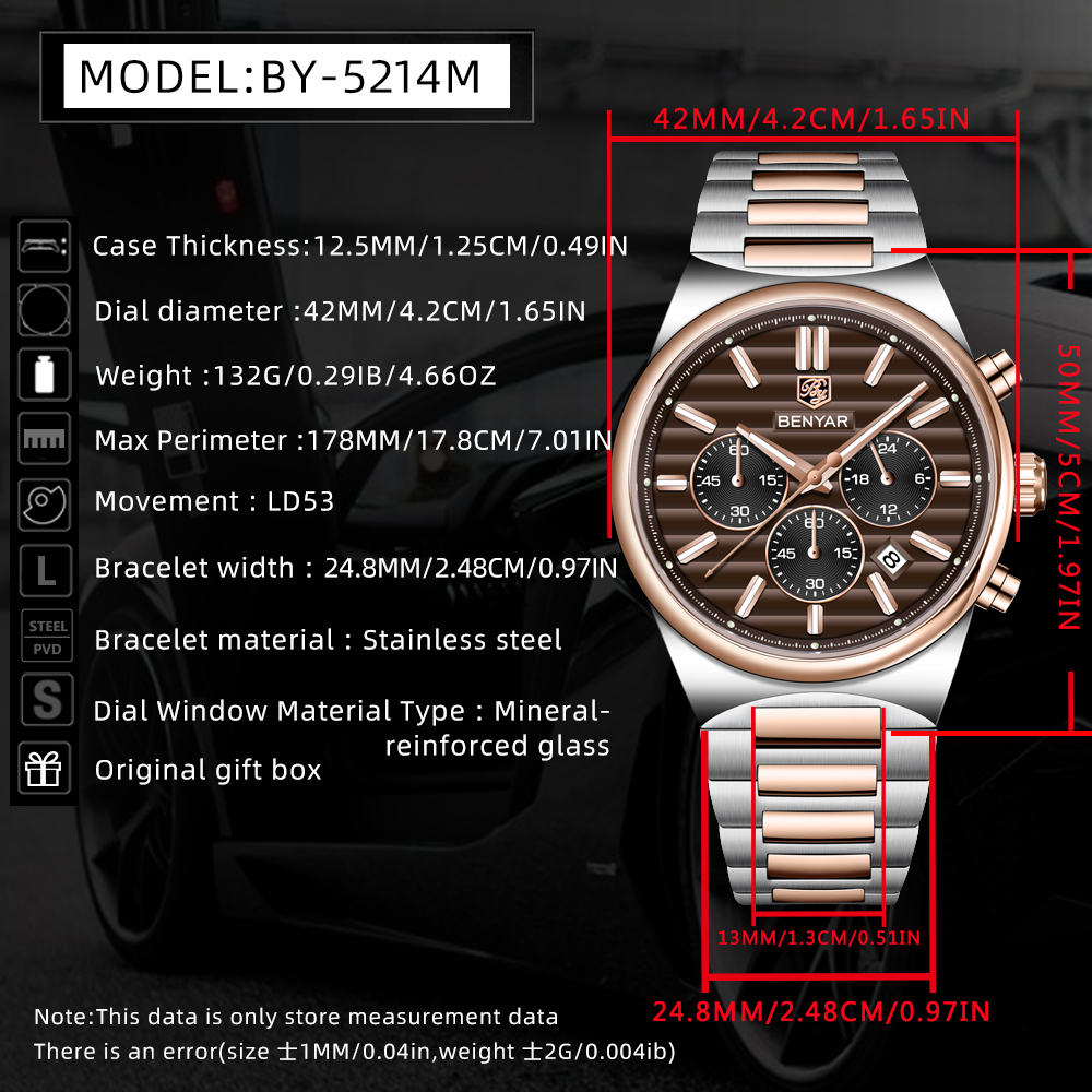 BENYAR BY-5214 Men's Quartz Watch Business Chronograph Sports Analog Wrist Watch for Men Two-Tone Calendar Auto Date