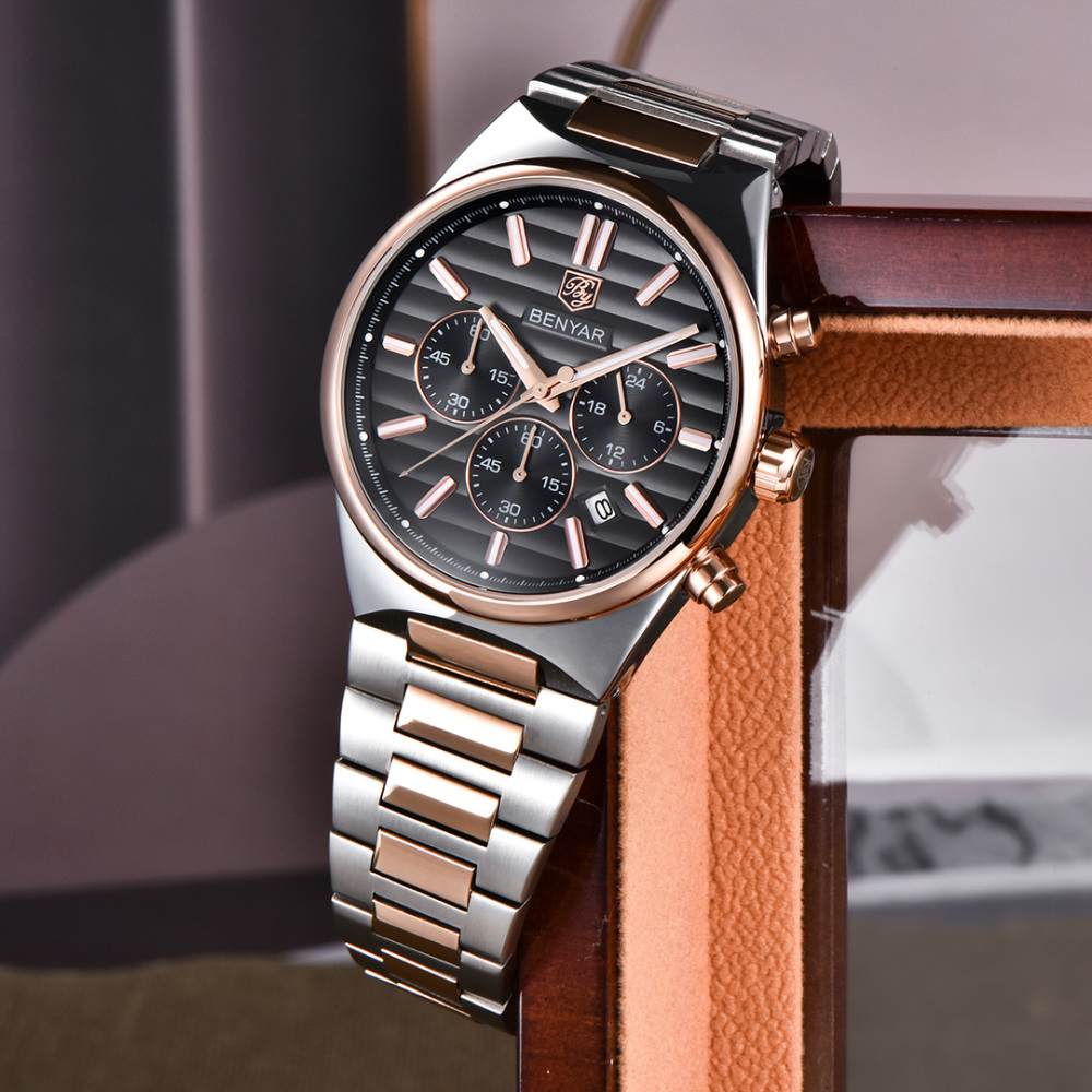 BENYAR BY-5214 Men's Quartz Watch Business Chronograph Sports Analog Wrist Watch for Men Two-Tone Calendar Auto Date
