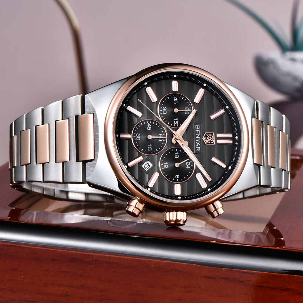 BENYAR BY-5214 Men's Quartz Watch Business Chronograph Sports Analog Wrist Watch for Men Two-Tone Calendar Auto Date
