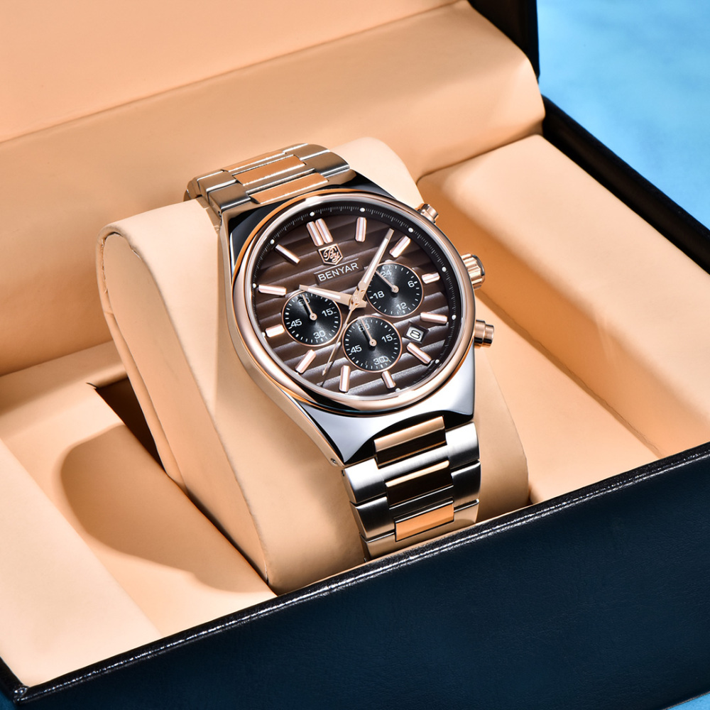 BENYAR BY-5214 Men's Quartz Watch Business Chronograph Sports Analog Wrist Watch for Men Two-Tone Calendar Auto Date