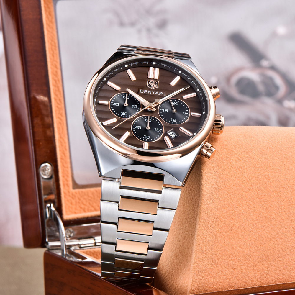 BENYAR BY-5214 Men's Quartz Watch Business Chronograph Sports Analog Wrist Watch for Men Two-Tone Calendar Auto Date