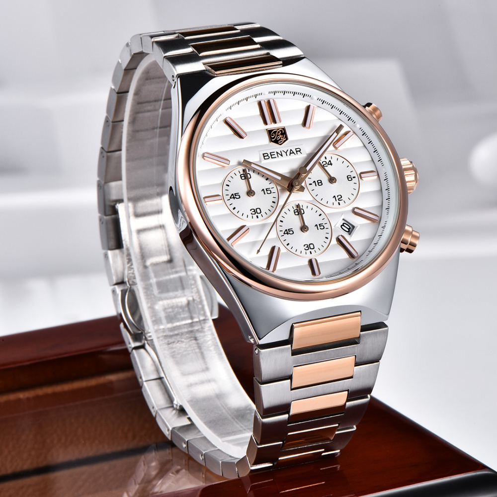 BENYAR BY-5214 Men's Quartz Watch Business Chronograph Sports Analog Wrist Watch for Men Two-Tone Calendar Auto Date