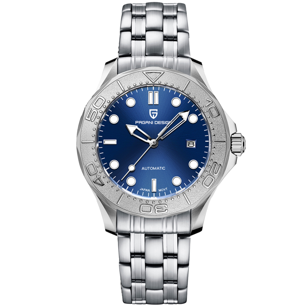PAGANI DESIGN PD-1818 New Automatic Men's Watch Diver 300 Homage full Stainless Steel Mechanical 100M Waterproof Wrist Watch for Men, Synthetic Sapphire Dial Glass, Mesh Watch Strap