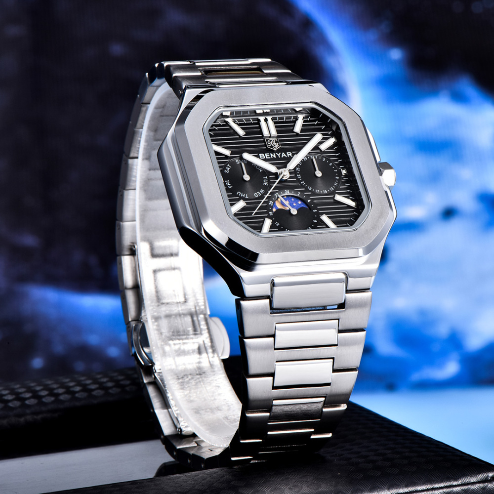 BENYAR BY-5221 Quartz Men's Watch Stainless Steel Square Sports Wrist Watch for Men, Moonphase, Week Date Display