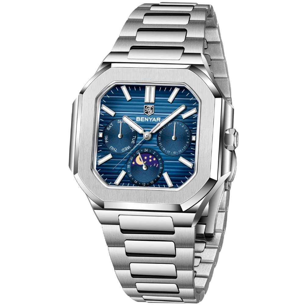 BENYAR BY-5221 Quartz Men's Watch Stainless Steel Square Sports Wrist Watch for Men, Moonphase, Week Date Display