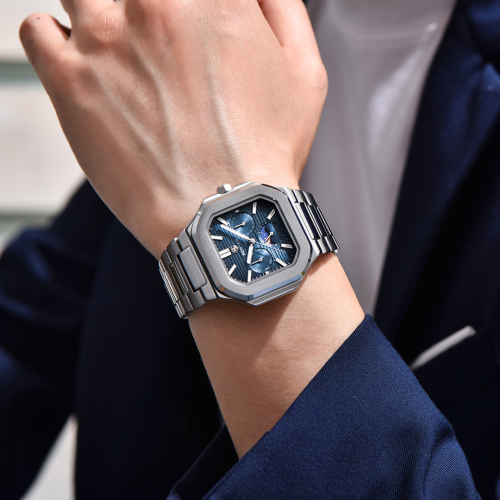 BENYAR BY-5221 Quartz Men's Watch Stainless Steel Square Sports Wrist Watch for Men, Moonphase, Week Date Display