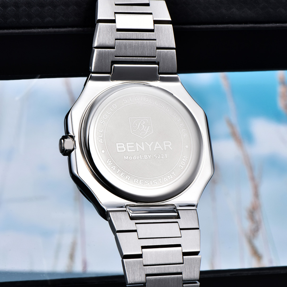 BENYAR BY-5221 Quartz Men's Watch Stainless Steel Square Sports Wrist Watch for Men, Moonphase, Week Date Display