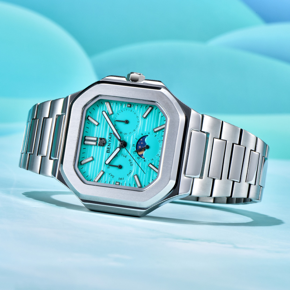 BENYAR BY-5221 Quartz Men's Watch Stainless Steel Square Sports Wrist Watch for Men, Moonphase, Week Date Display