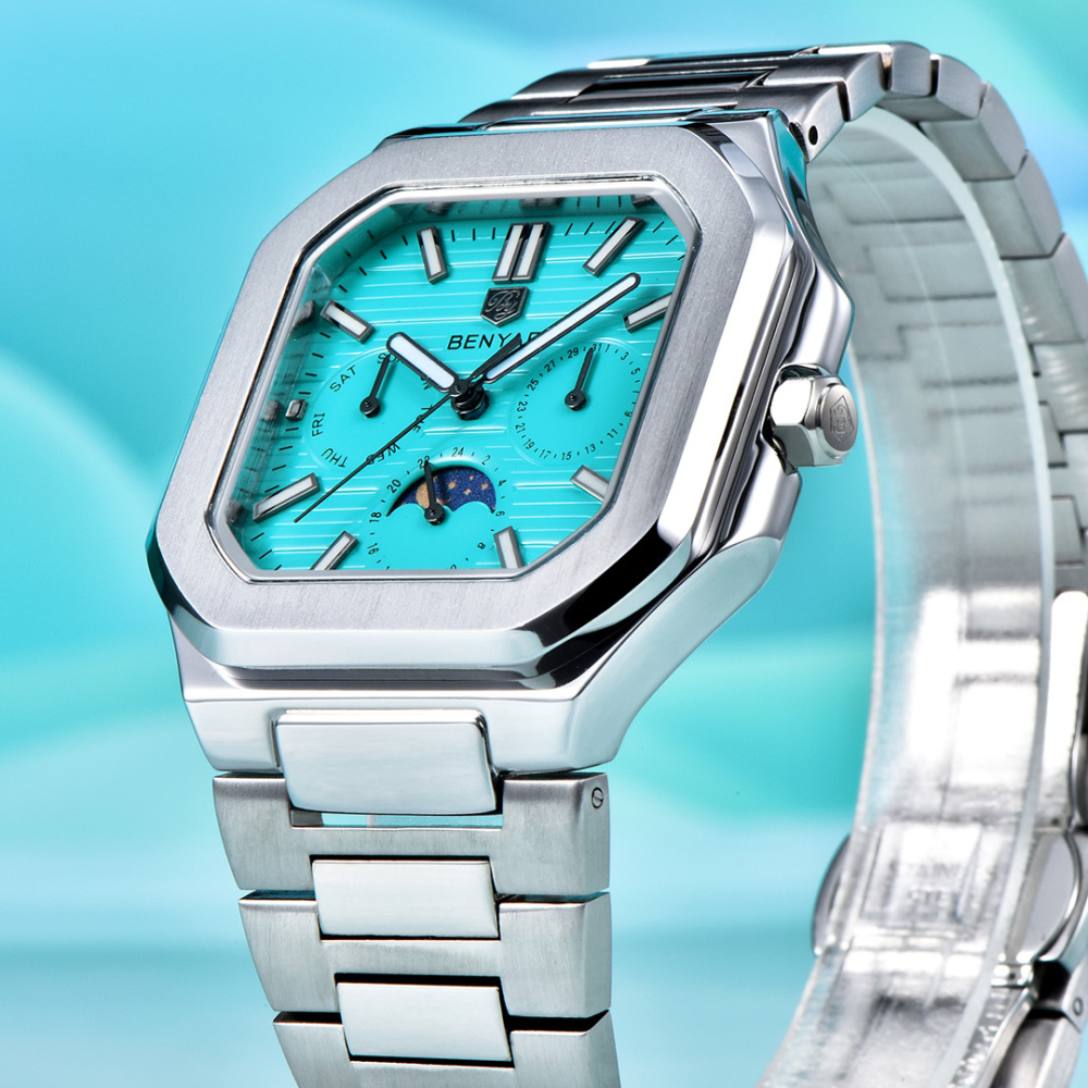 BENYAR BY-5221 Quartz Men's Watch Stainless Steel Square Sports Wrist Watch for Men, Moonphase, Week Date Display