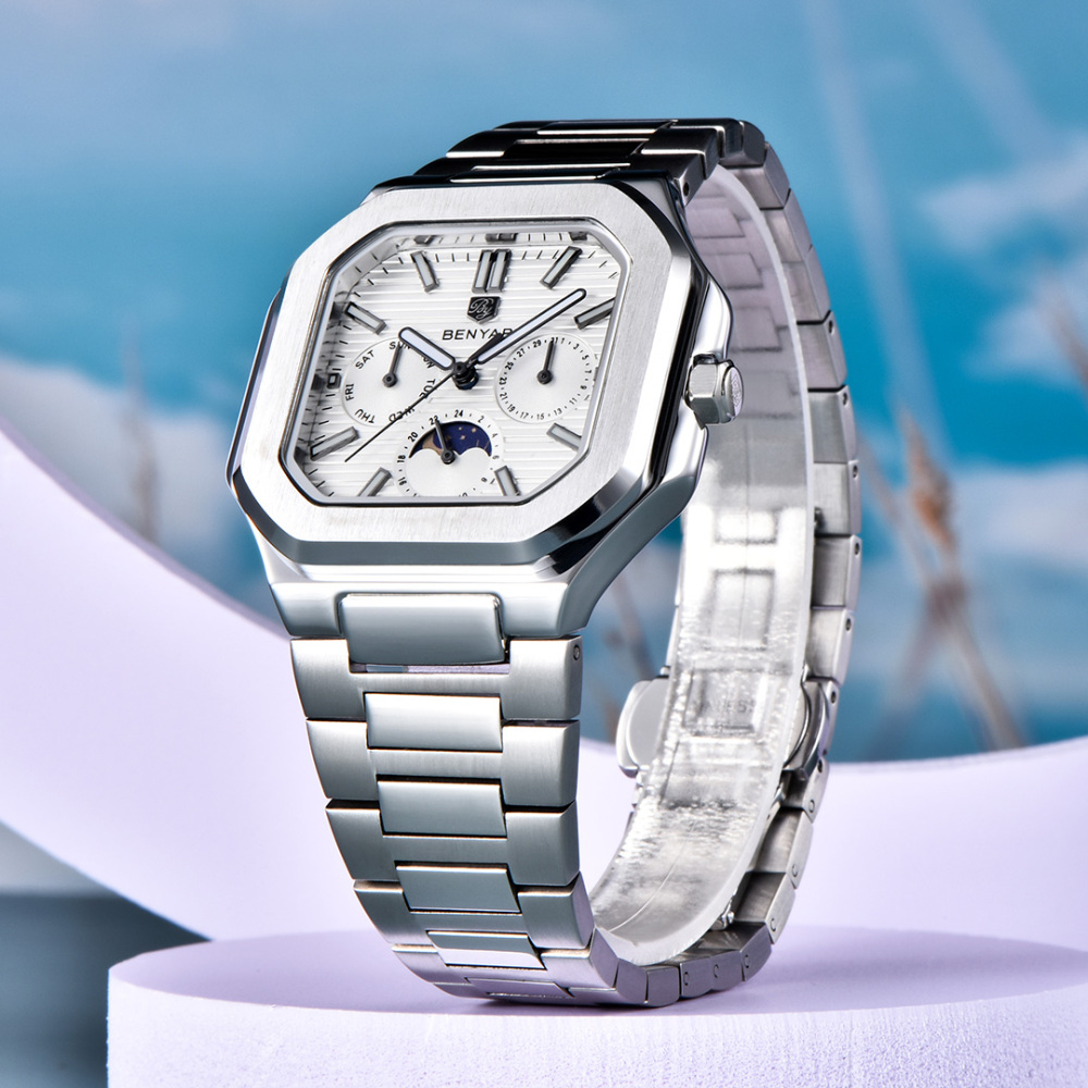 BENYAR BY-5221 Quartz Men's Watch Stainless Steel Square Sports Wrist Watch for Men, Moonphase, Week Date Display