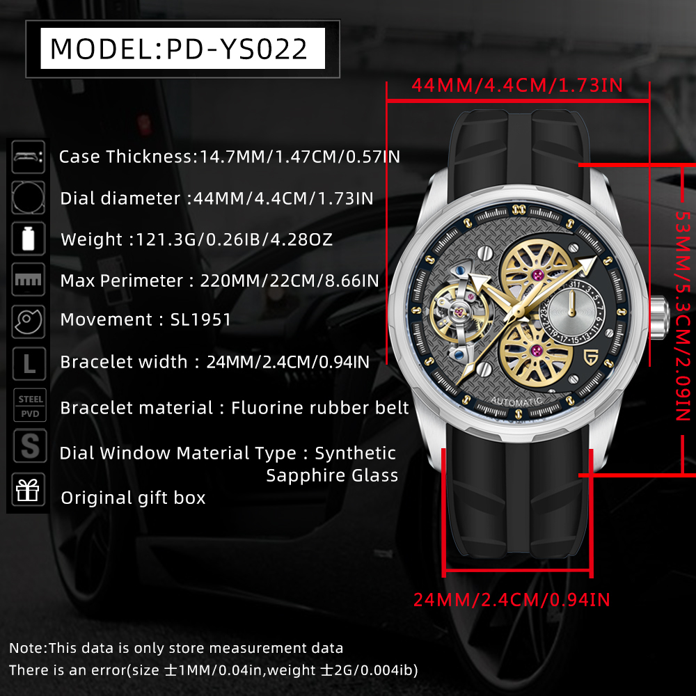 PAGANI DESIGN PD-YS022 New Automatic Men's Watch with Balance Wheel Stainless Steel Mechanical Wrist Watch for Men, Rubber Strap, Synthetic Sapphire Dial Glass