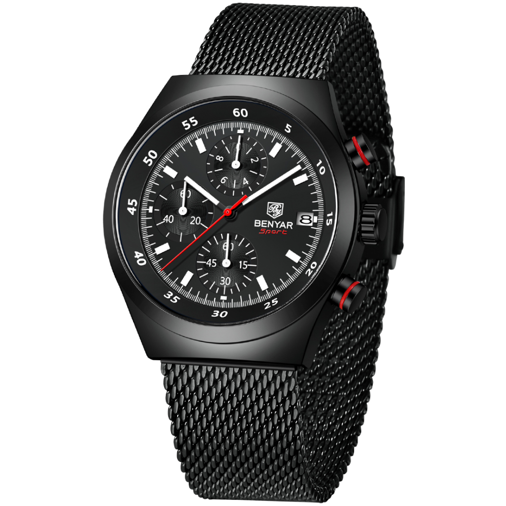 BENYAR BY-5200M Chronograph Men's Quartz Watch Sports Waterproof Wristwatch with Mesh Strap
