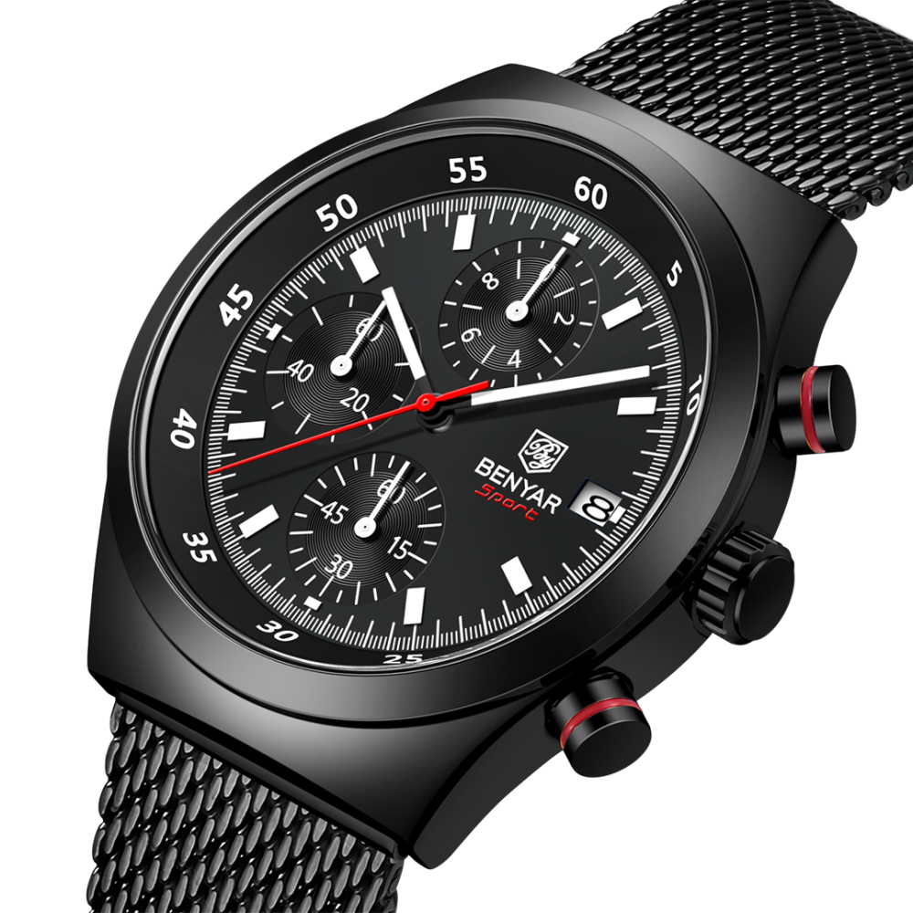 BENYAR BY-5200M Chronograph Men's Quartz Watch Sports Waterproof Wristwatch with Mesh Strap