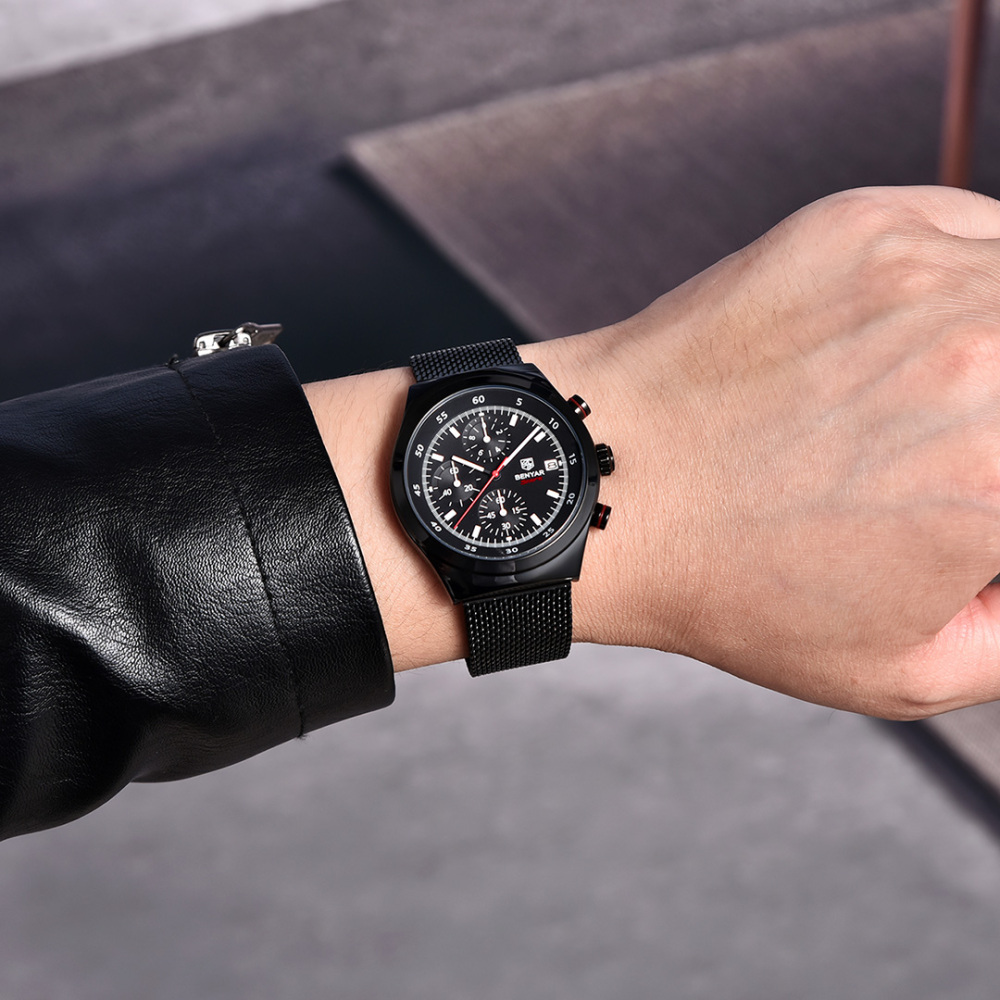 BENYAR BY-5200M Chronograph Men's Quartz Watch Sports Waterproof Wristwatch with Mesh Strap