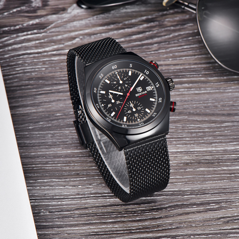 BENYAR BY-5200M Chronograph Men's Quartz Watch Sports Waterproof Wristwatch with Mesh Strap