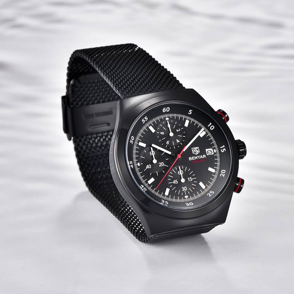 BENYAR BY-5200M Chronograph Men's Quartz Watch Sports Waterproof Wristwatch with Mesh Strap