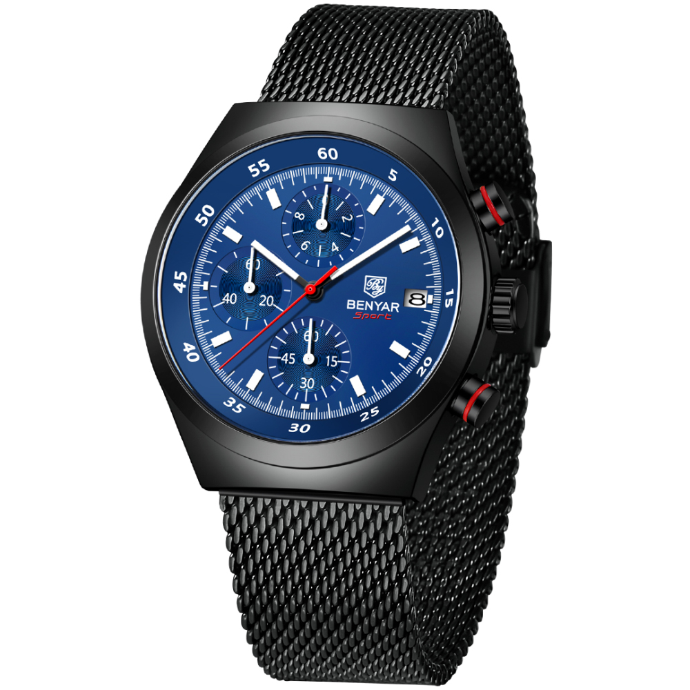 BENYAR BY-5200M Chronograph Men's Quartz Watch Sports Waterproof Wristwatch with Mesh Strap