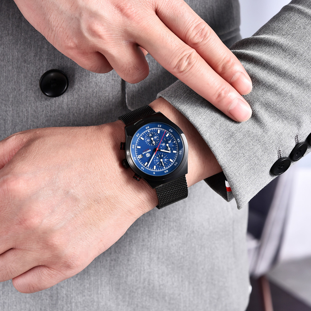 BENYAR BY-5200M Chronograph Men's Quartz Watch Sports Waterproof Wristwatch with Mesh Strap