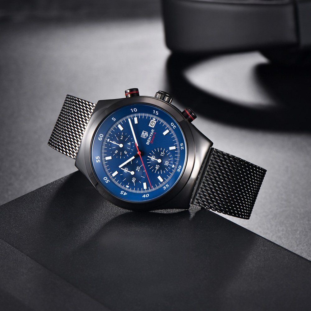 BENYAR BY-5200M Chronograph Men's Quartz Watch Sports Waterproof Wristwatch with Mesh Strap
