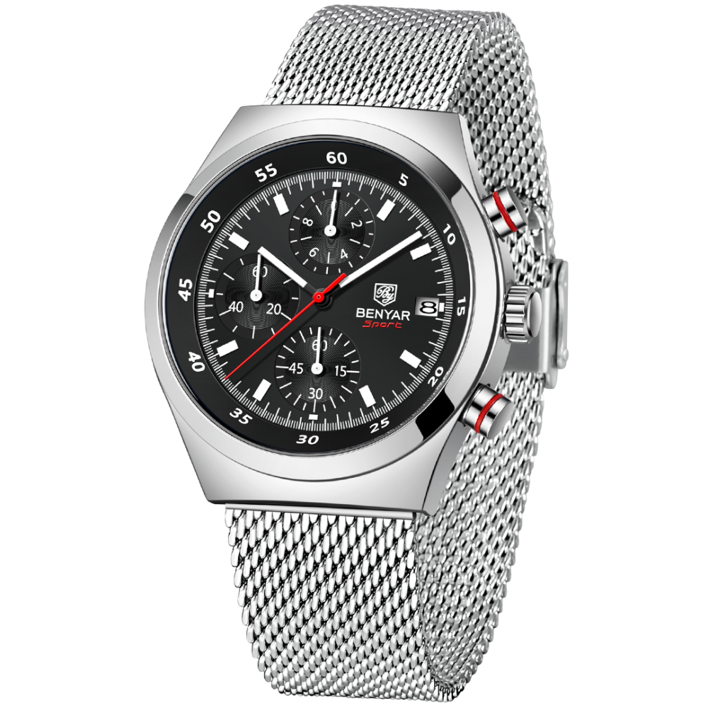 BENYAR BY-5200M Chronograph Men's Quartz Watch Sports Waterproof Wristwatch with Mesh Strap