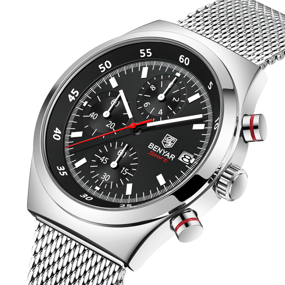 BENYAR BY-5200M Chronograph Men's Quartz Watch Sports Waterproof Wristwatch with Mesh Strap