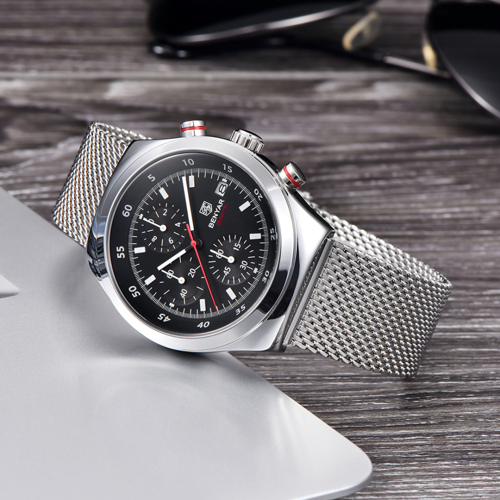 BENYAR BY-5200M Chronograph Men's Quartz Watch Sports Waterproof Wristwatch with Mesh Strap