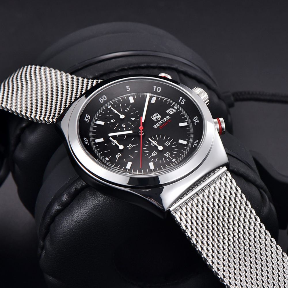 BENYAR BY-5200M Chronograph Men's Quartz Watch Sports Waterproof Wristwatch with Mesh Strap