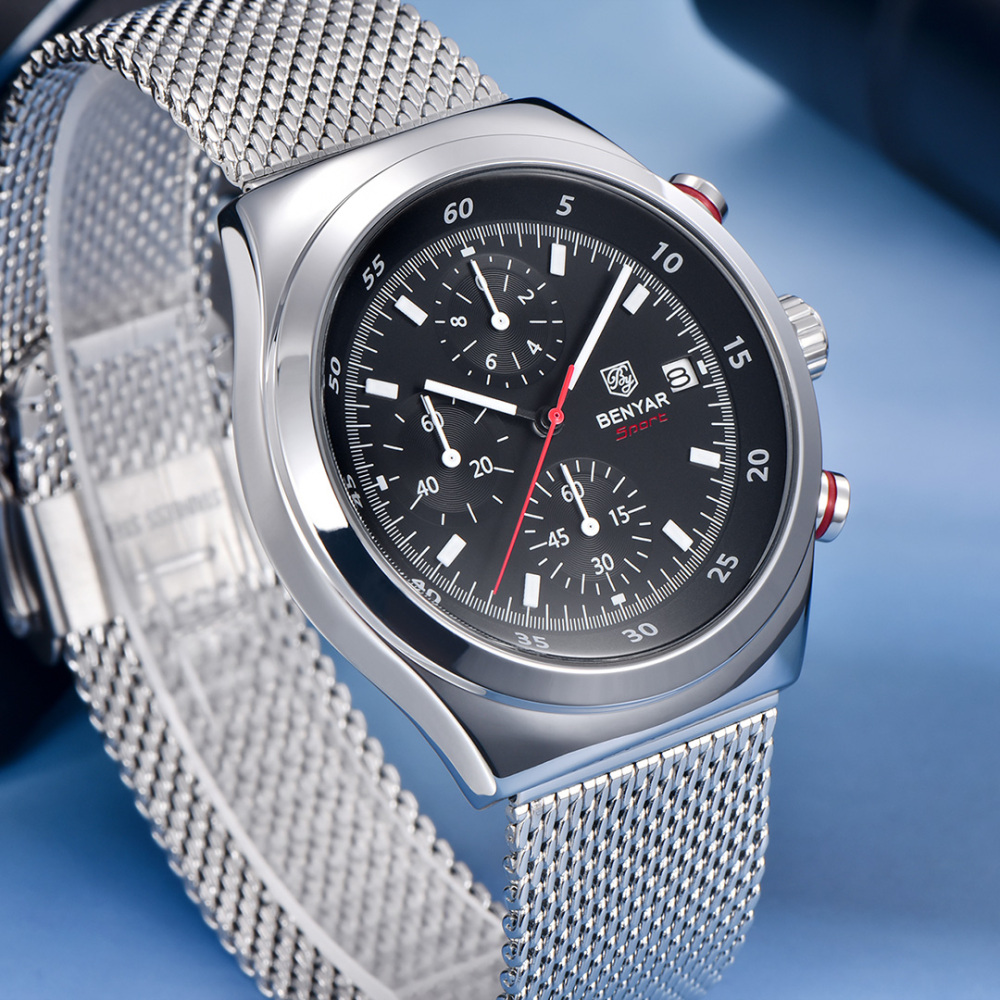 BENYAR BY-5200M Chronograph Men's Quartz Watch Sports Waterproof Wristwatch with Mesh Strap