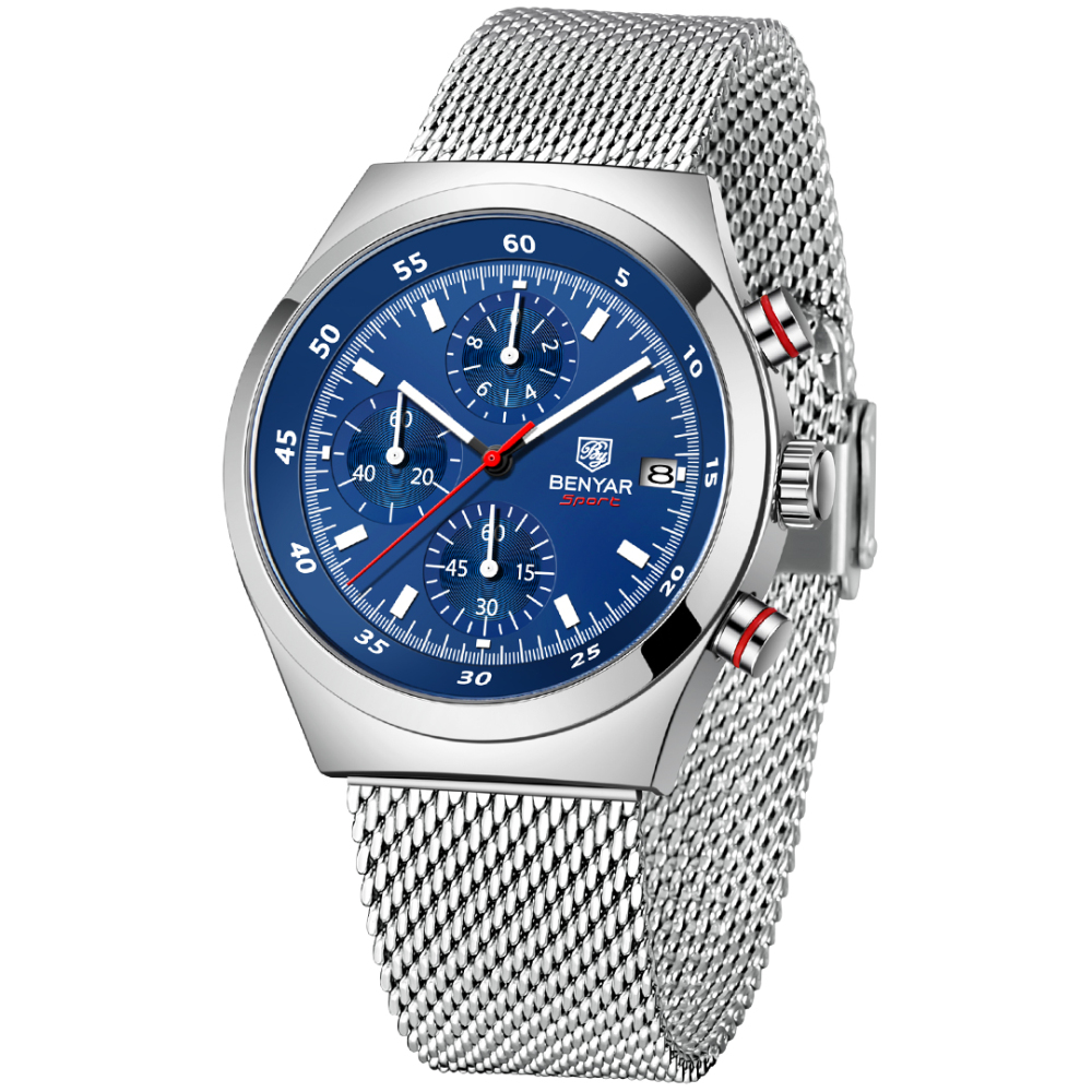 BENYAR BY-5200M Chronograph Men's Quartz Watch Sports Waterproof Wristwatch with Mesh Strap