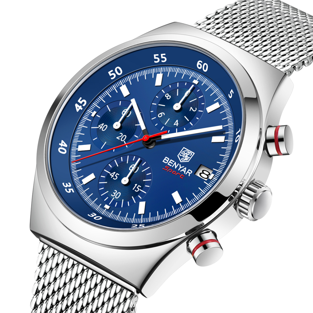 BENYAR BY-5200M Chronograph Men's Quartz Watch Sports Waterproof Wristwatch with Mesh Strap