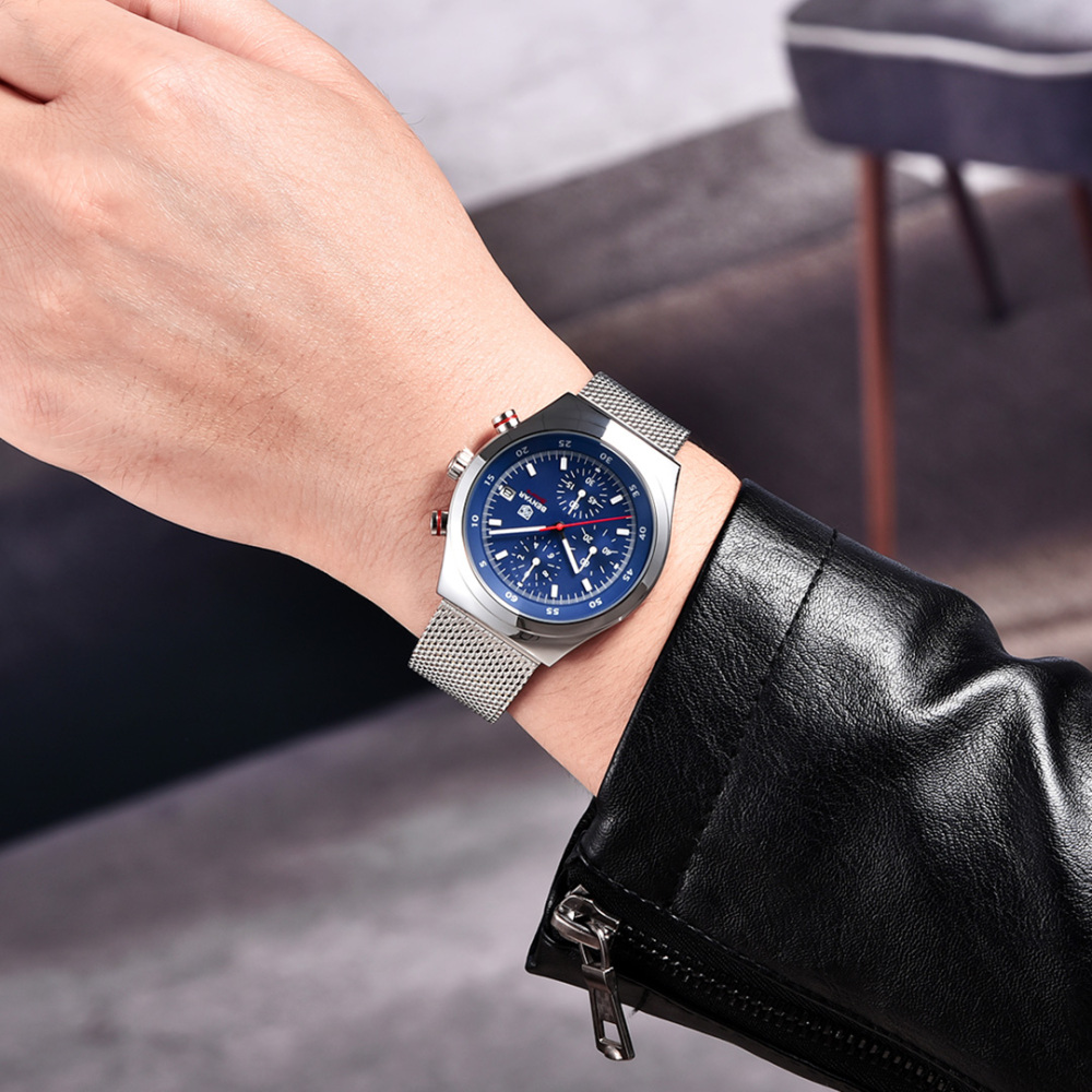 BENYAR BY-5200M Chronograph Men's Quartz Watch Sports Waterproof Wristwatch with Mesh Strap
