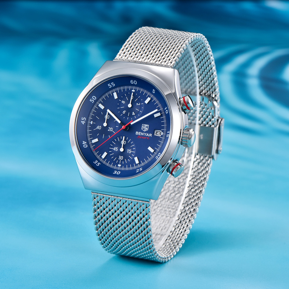 BENYAR BY-5200M Chronograph Men's Quartz Watch Sports Waterproof Wristwatch with Mesh Strap