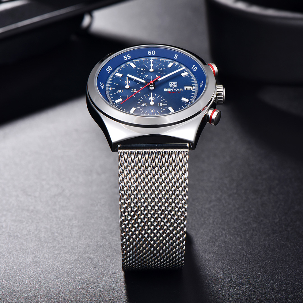 BENYAR BY-5200M Chronograph Men's Quartz Watch Sports Waterproof Wristwatch with Mesh Strap