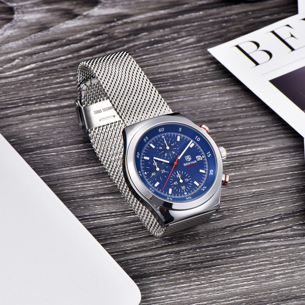 BENYAR BY-5200M Chronograph Men's Quartz Watch Sports Waterproof Wristwatch with Mesh Strap
