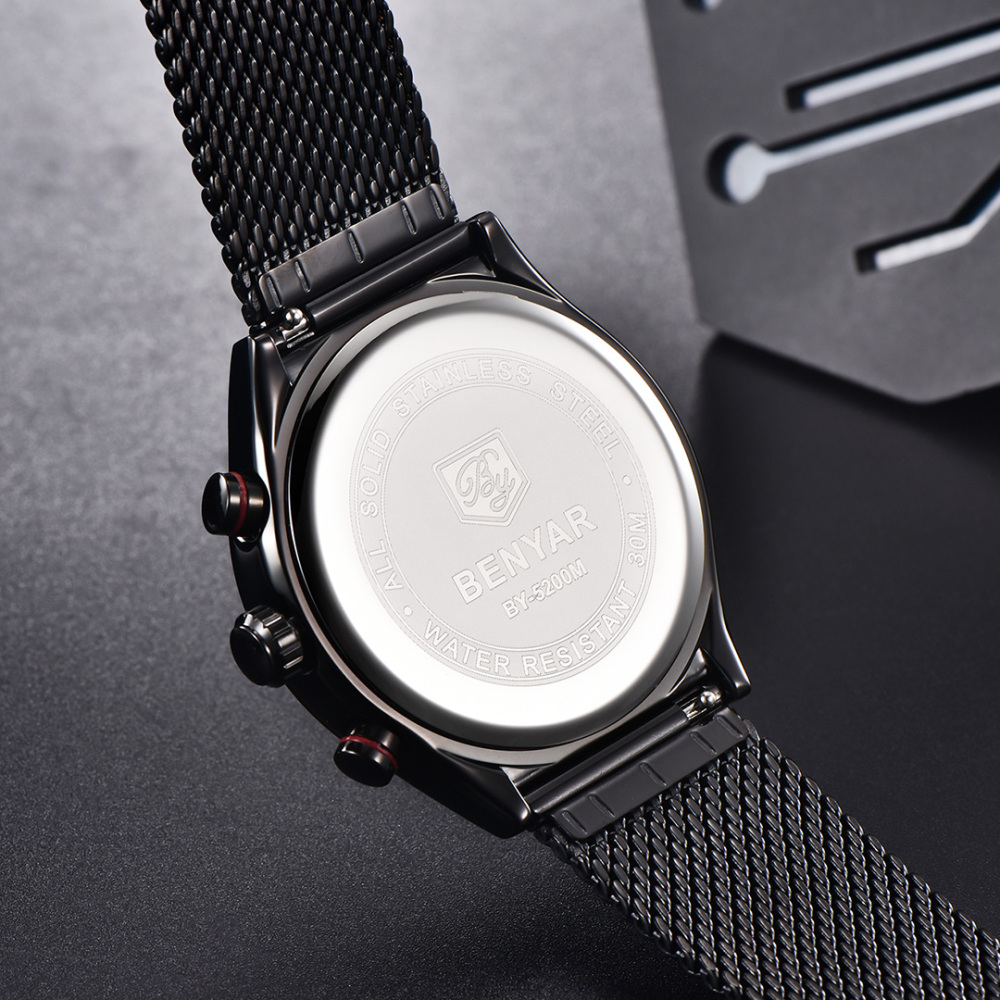 BENYAR BY-5200M Chronograph Men's Quartz Watch Sports Waterproof Wristwatch with Mesh Strap
