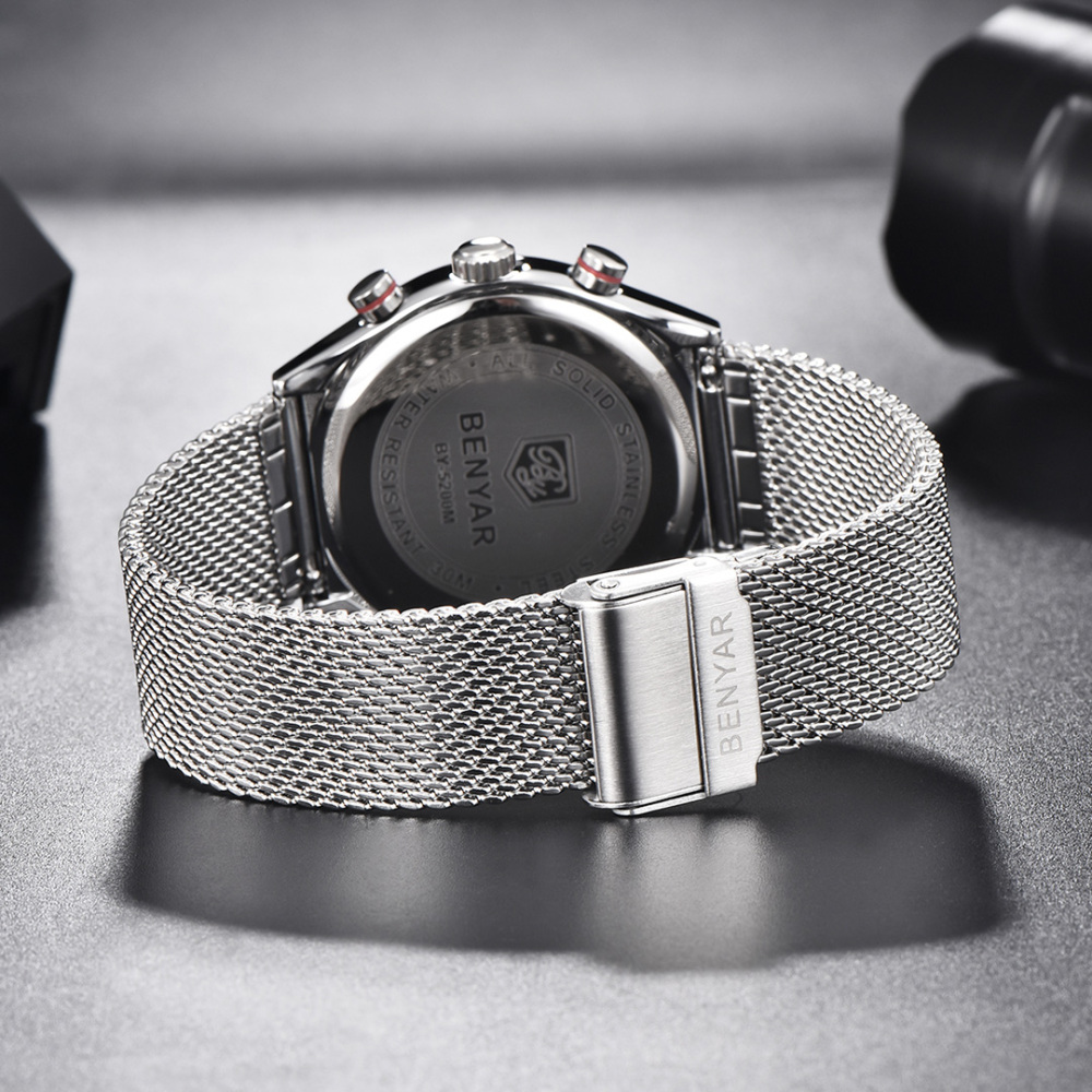 BENYAR BY-5200M Chronograph Men's Quartz Watch Sports Waterproof Wristwatch with Mesh Strap