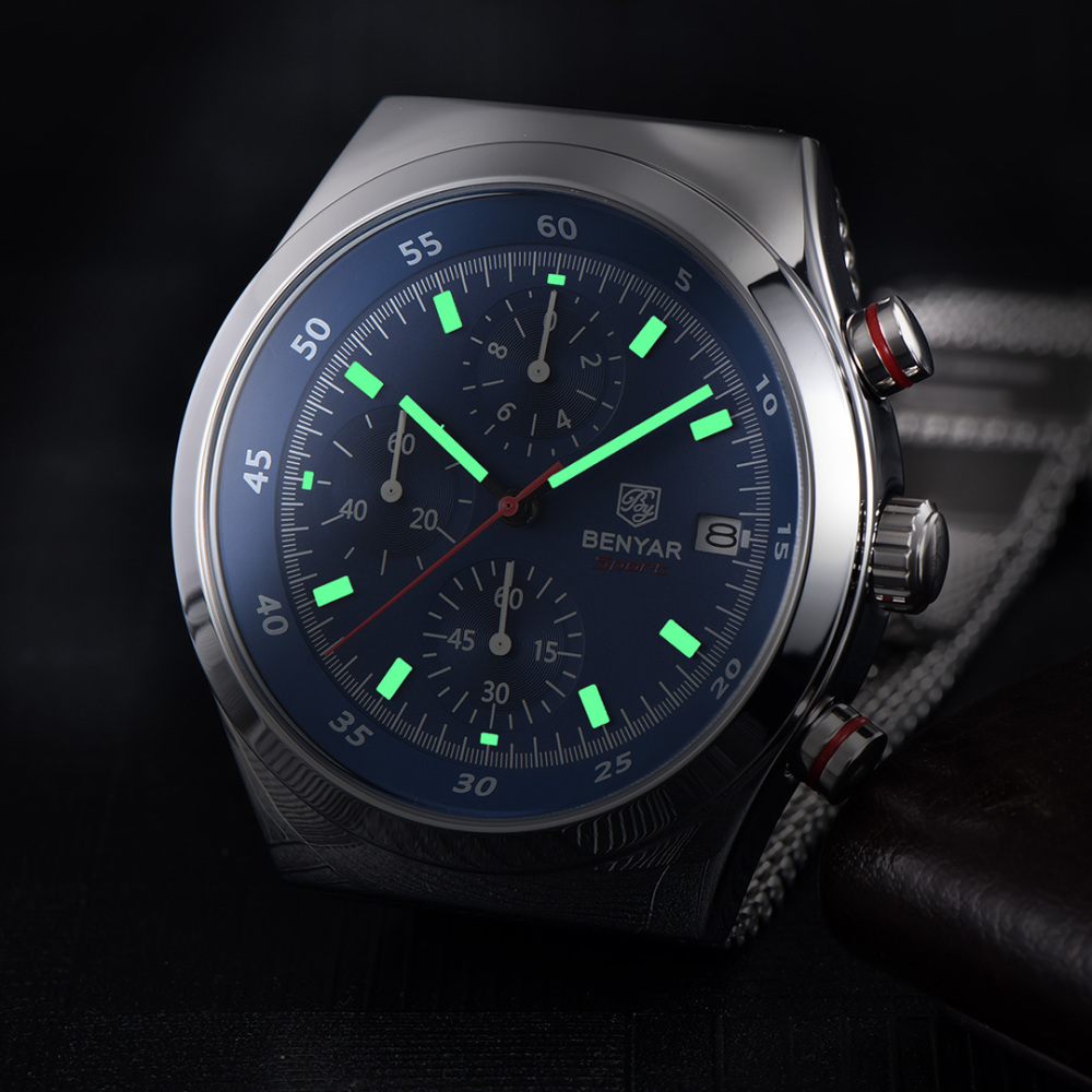 BENYAR BY-5200M Chronograph Men's Quartz Watch Sports Waterproof Wristwatch with Mesh Strap
