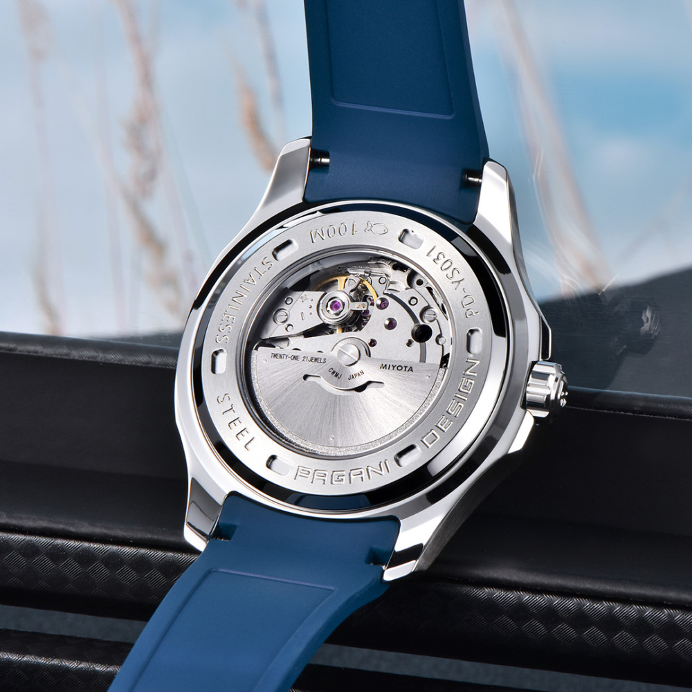 PAGANI DESIGN PD-YS031 Automatic Men's Watch New Stainless Steel Mechanical Wrist Watch for Men, 100M Waterproof, Synthetic Sapphire Dial Glass, Rubber Strap