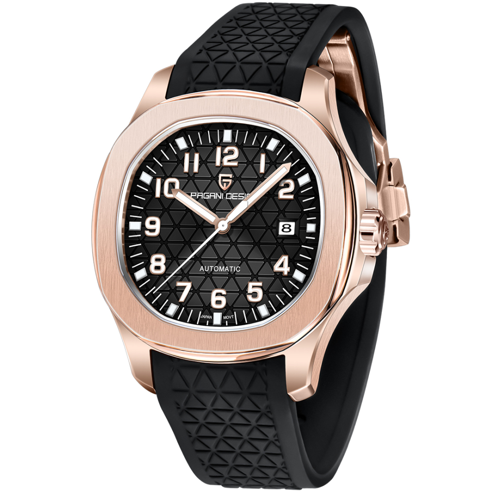 PAGANI DESIGN PD-YS031 Automatic Men's Watch New Stainless Steel Mechanical Wrist Watch for Men, 100M Waterproof, Synthetic Sapphire Dial Glass, Rubber Strap
