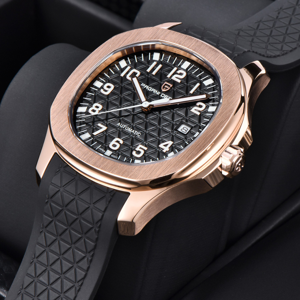 PAGANI DESIGN PD-YS031 Automatic Men's Watch New Stainless Steel Mechanical Wrist Watch for Men, 100M Waterproof, Synthetic Sapphire Dial Glass, Rubber Strap