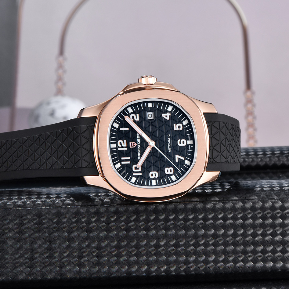 PAGANI DESIGN PD-YS031 Automatic Men's Watch New Stainless Steel Mechanical Wrist Watch for Men, 100M Waterproof, Synthetic Sapphire Dial Glass, Rubber Strap