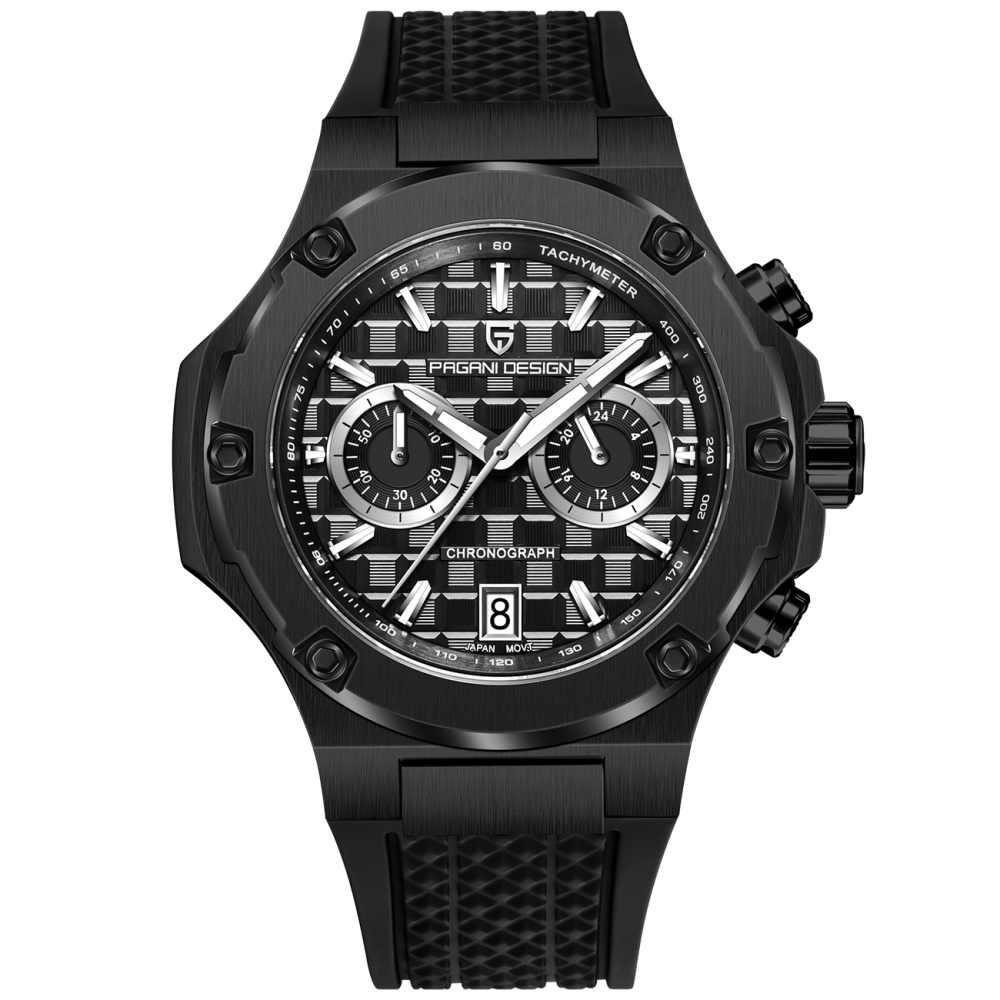 PAGANI DESIGN PD-YS032 Chronograph Quartz Men's Watch 44MM Stainless Steel Sports Wrist Watch for Men, Synthetic Sapphire Dial Glass (AR), Fluororubber Strap