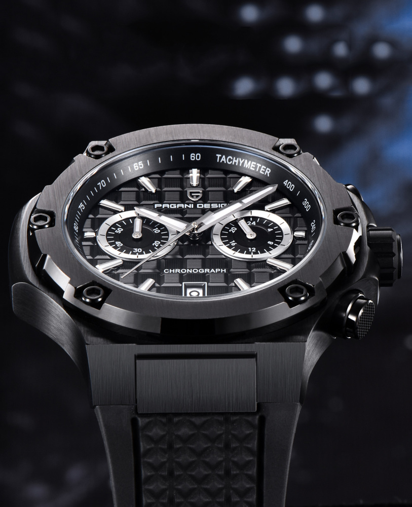 PAGANI DESIGN PD-YS032 Chronograph Quartz Men's Watch 44MM Stainless Steel Sports Wrist Watch for Men, Synthetic Sapphire Dial Glass (AR), Fluororubber Strap