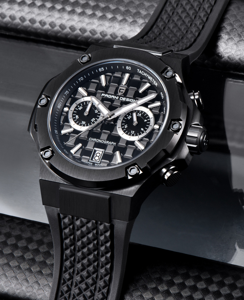 PAGANI DESIGN PD-YS032 Chronograph Quartz Men's Watch 44MM Stainless Steel Sports Wrist Watch for Men, Synthetic Sapphire Dial Glass (AR), Fluororubber Strap