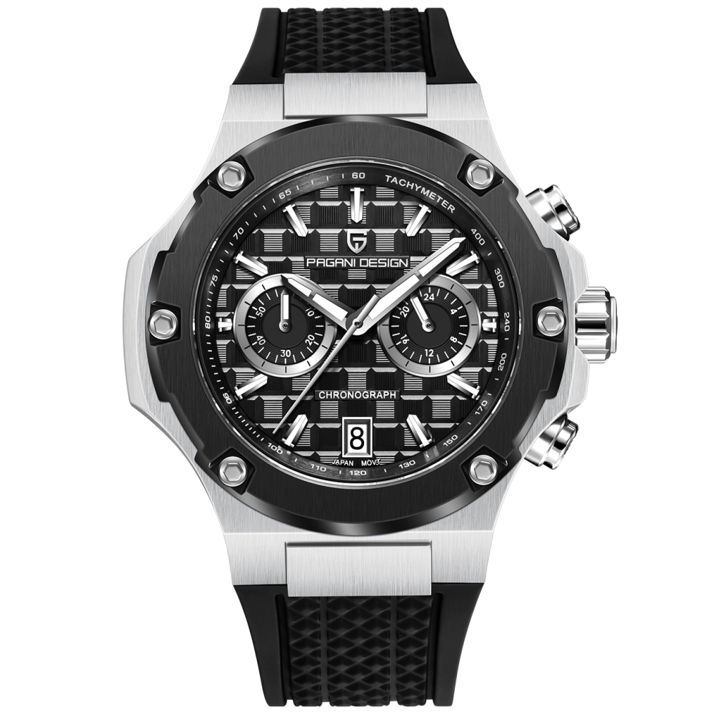 PAGANI DESIGN PD-YS032 Chronograph Quartz Men's Watch 44MM Stainless Steel Sports Wrist Watch for Men, Synthetic Sapphire Dial Glass (AR), Fluororubber Strap