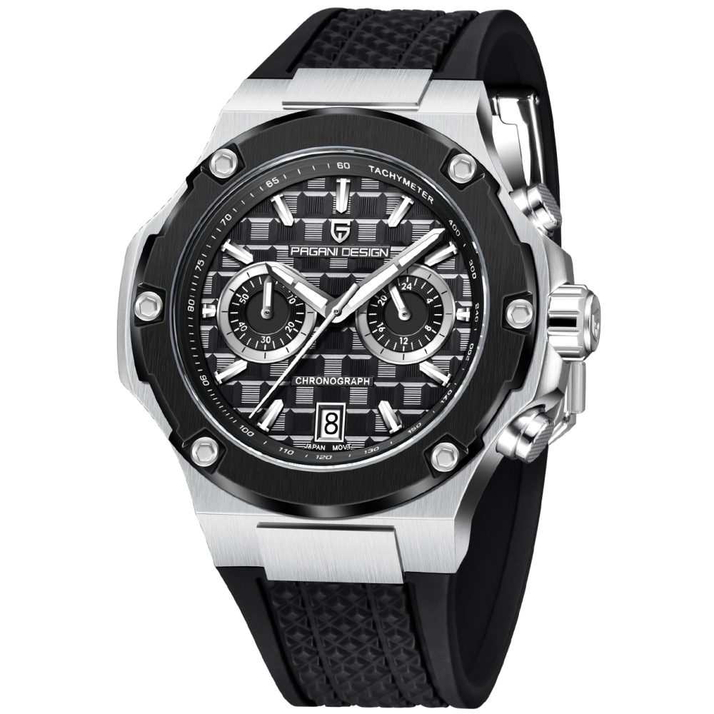 PAGANI DESIGN PD-YS032 Chronograph Quartz Men's Watch 44MM Stainless Steel Sports Wrist Watch for Men, Synthetic Sapphire Dial Glass (AR), Fluororubber Strap