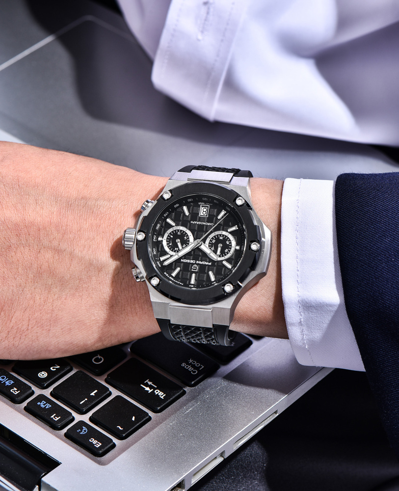 PAGANI DESIGN PD-YS032 Chronograph Quartz Men's Watch 44MM Stainless Steel Sports Wrist Watch for Men, Synthetic Sapphire Dial Glass (AR), Fluororubber Strap, Auto Date