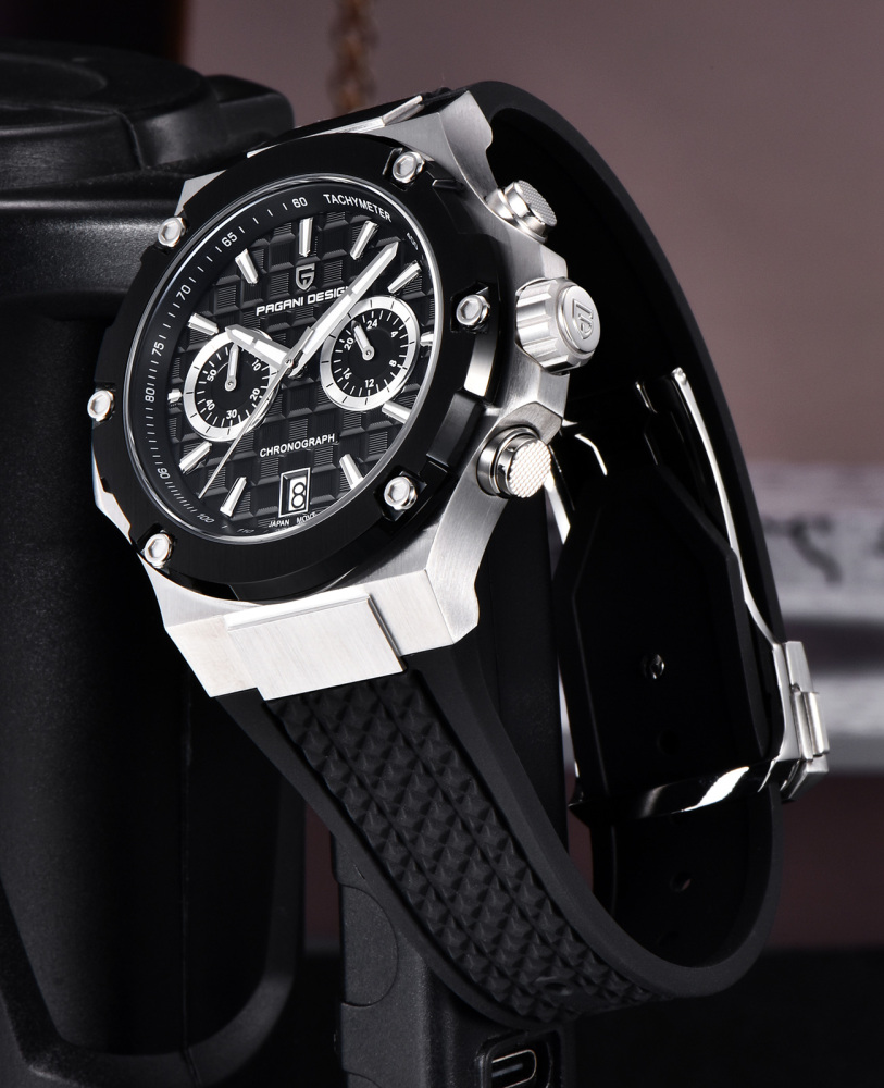 PAGANI DESIGN PD-YS032 Chronograph Quartz Men's Watch 44MM Stainless Steel Sports Wrist Watch for Men, Synthetic Sapphire Dial Glass (AR), Fluororubber Strap