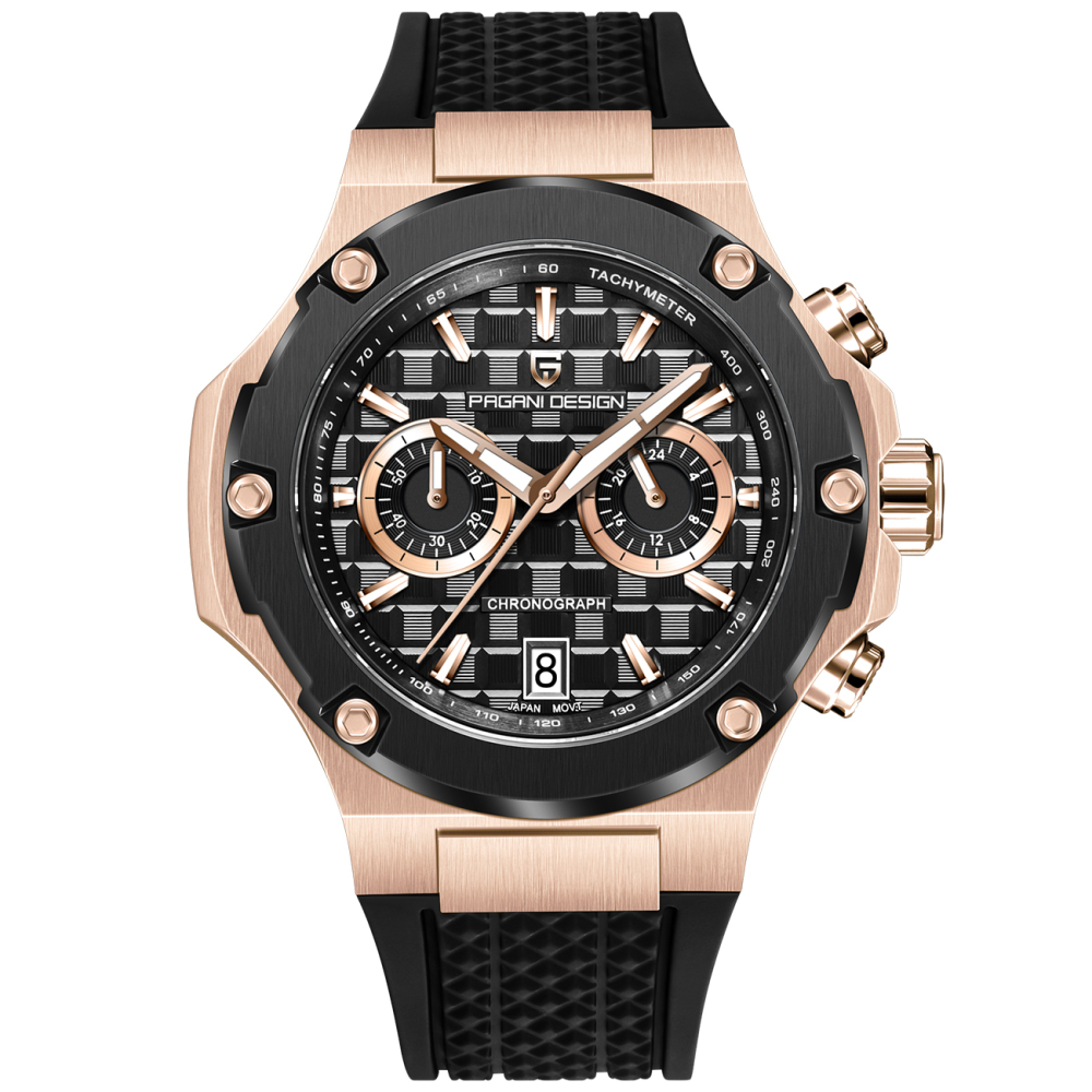 PAGANI DESIGN PD-YS032 Chronograph Quartz Men's Watch 44MM Stainless Steel Sports Wrist Watch for Men, Synthetic Sapphire Dial Glass (AR), Fluororubber Strap